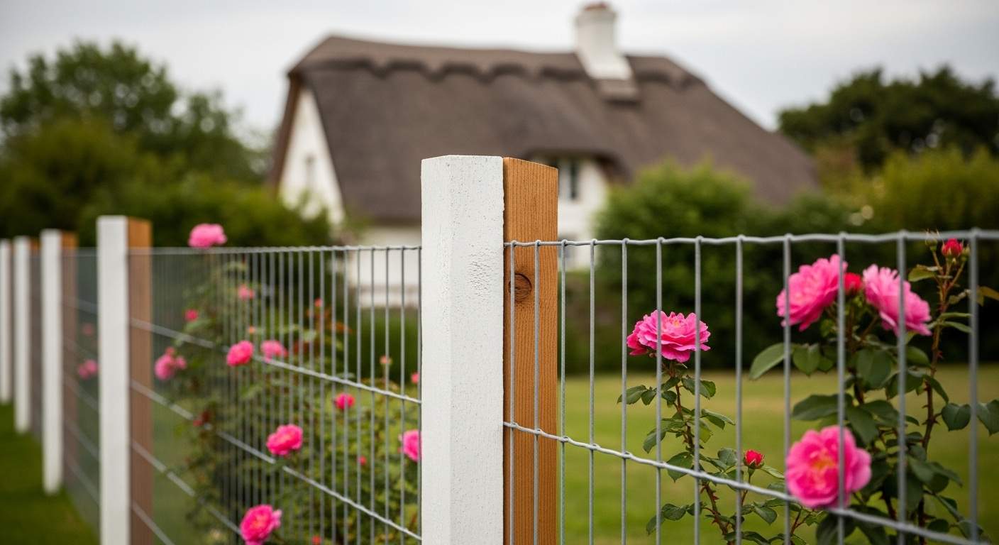 White cottage wire fence with roses