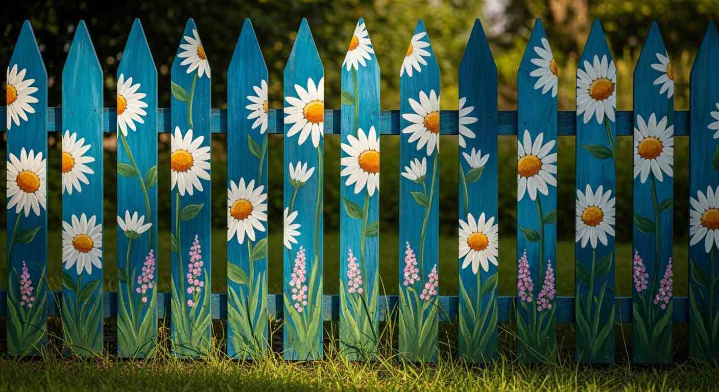  Blue Daisy Picket fence Mural
