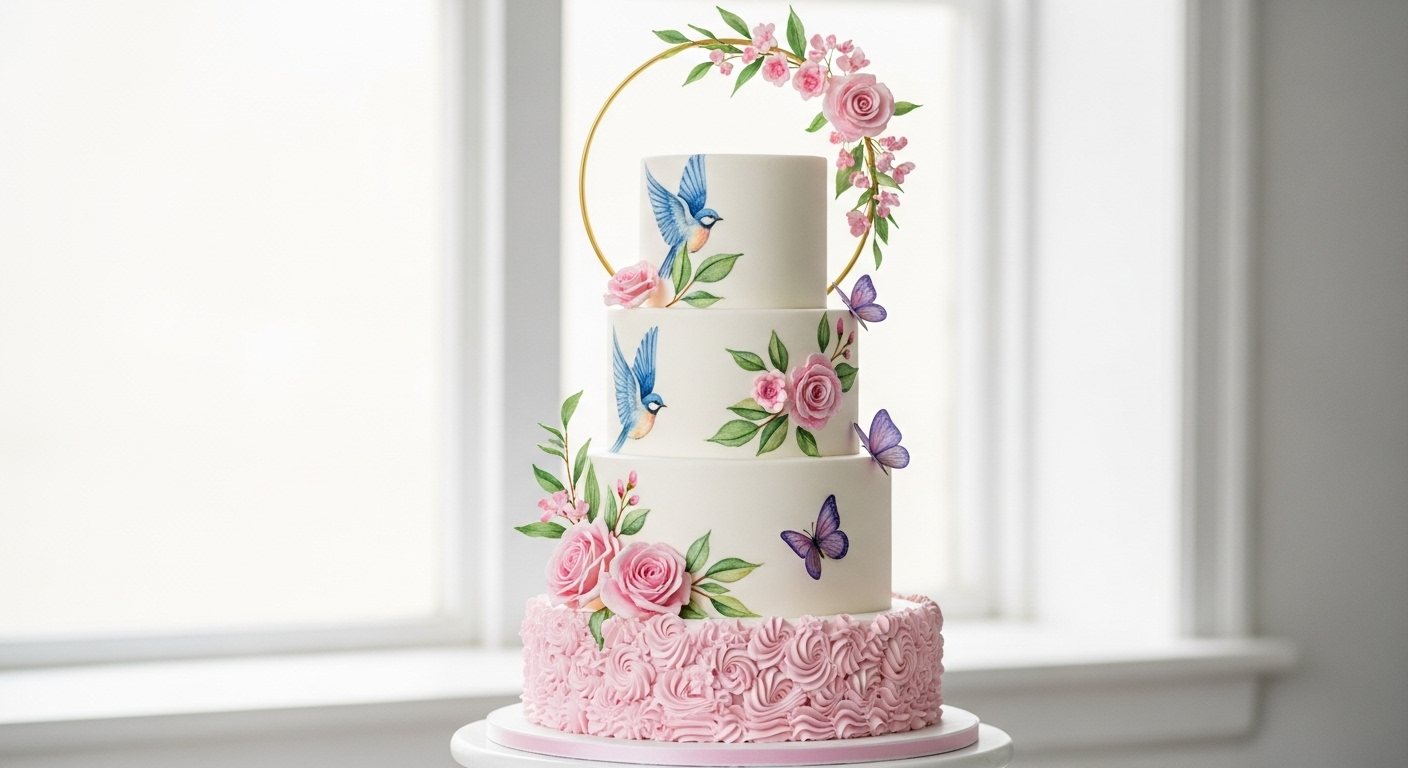 Garden Cake with Birds and Butterflies
