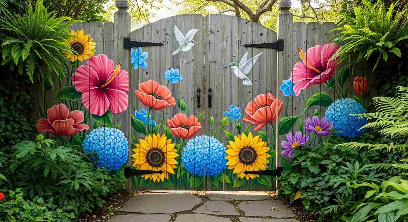 Colorful Floral Garden Gate Mural
