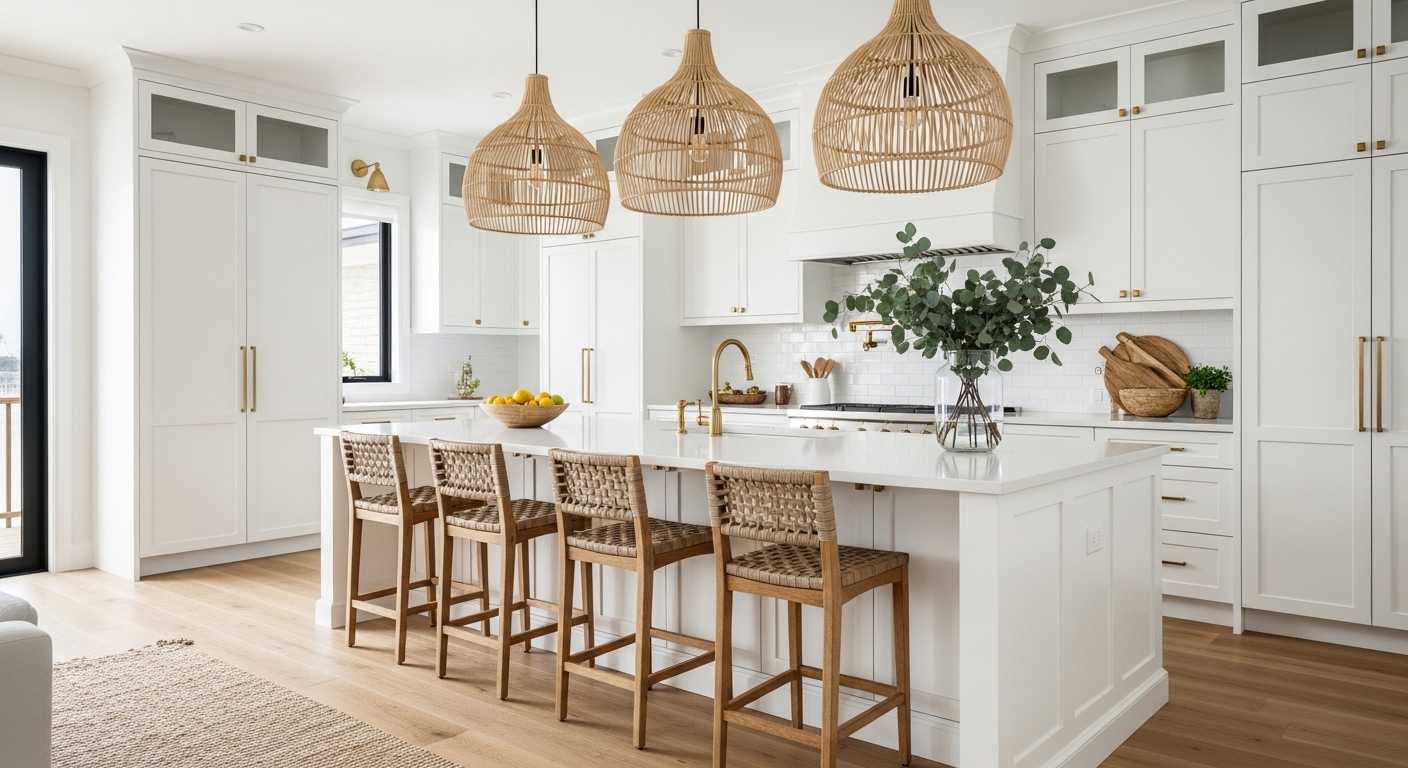 Rattan Pendant Lights Over the Island
