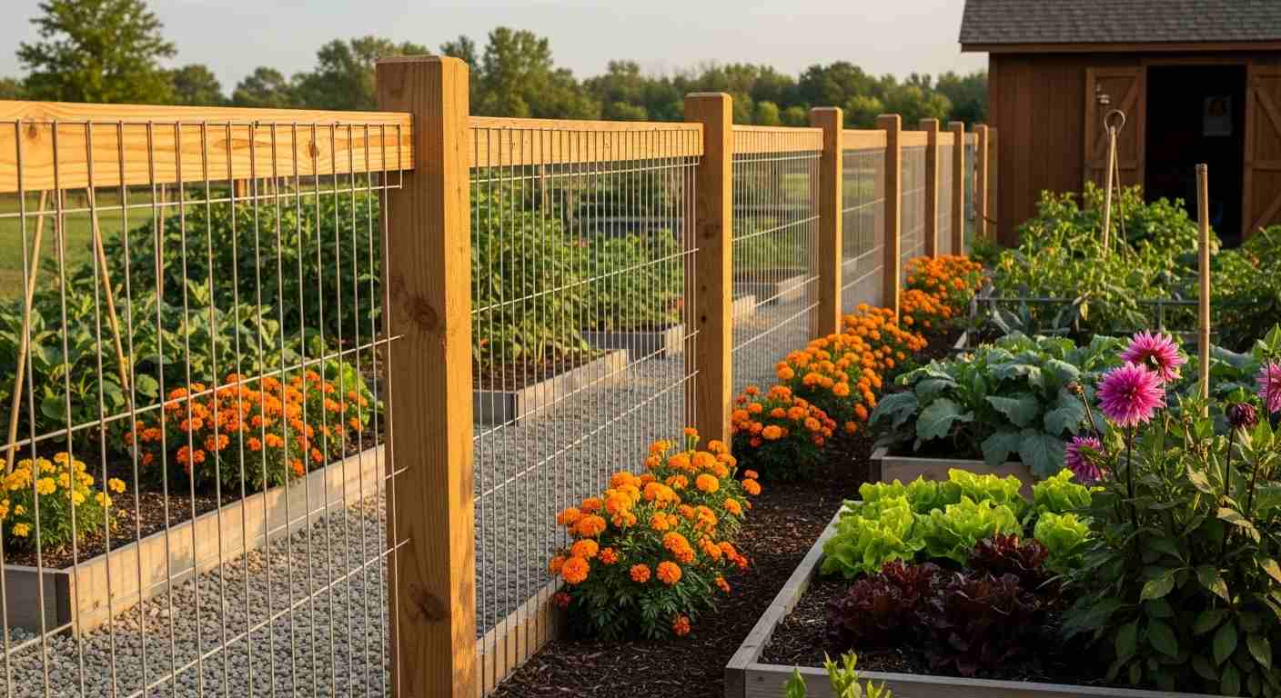 Cedar post wire fence + vegetable garden