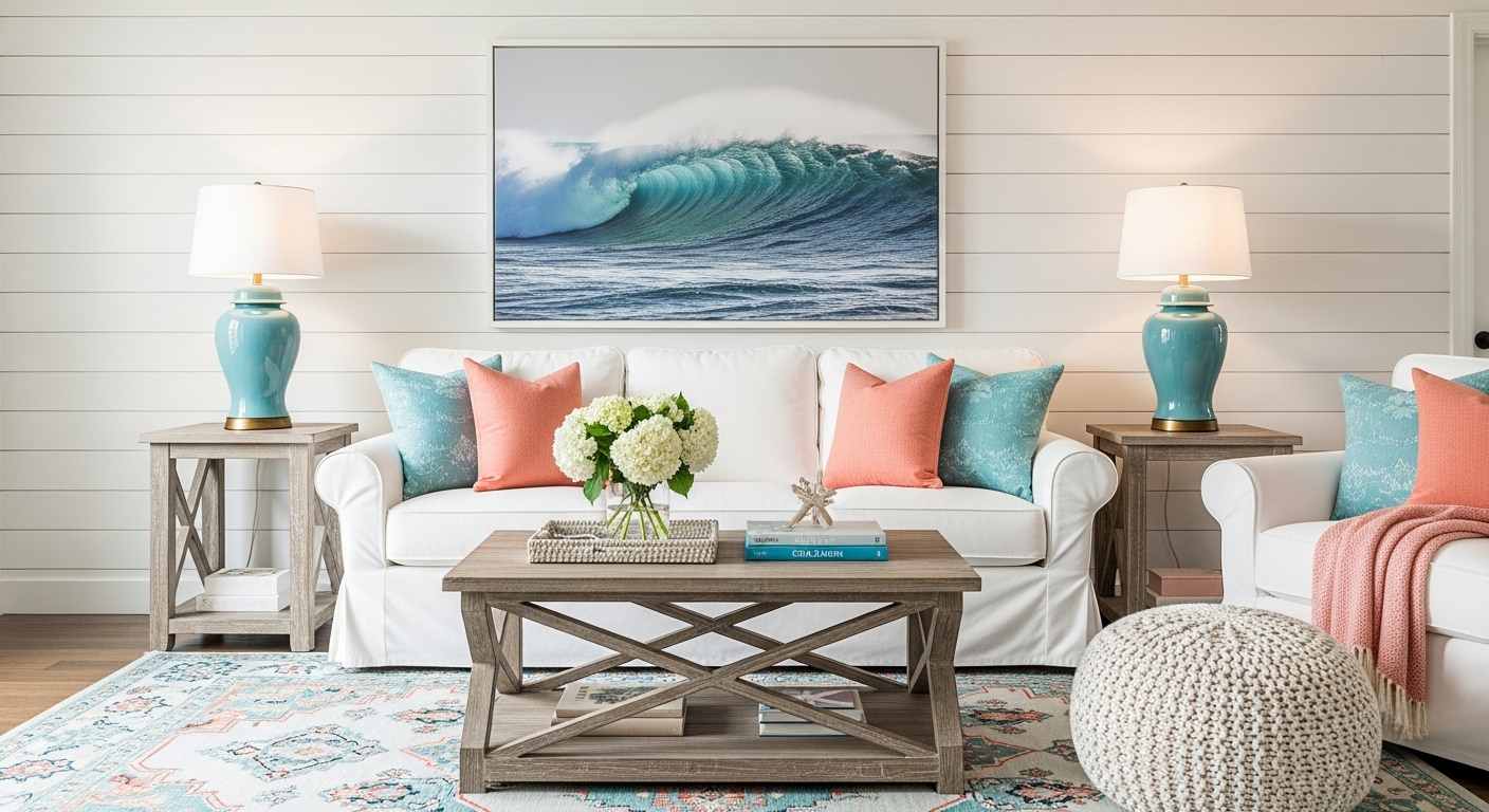  Peach and Aqua Romantic Living Room
