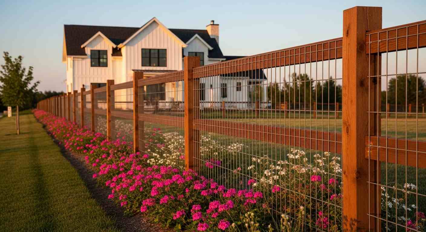 Farmhouse brown post wire — long property line