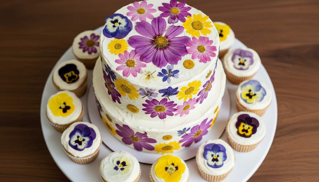 Flower Meadow Cake with Cupcakes
