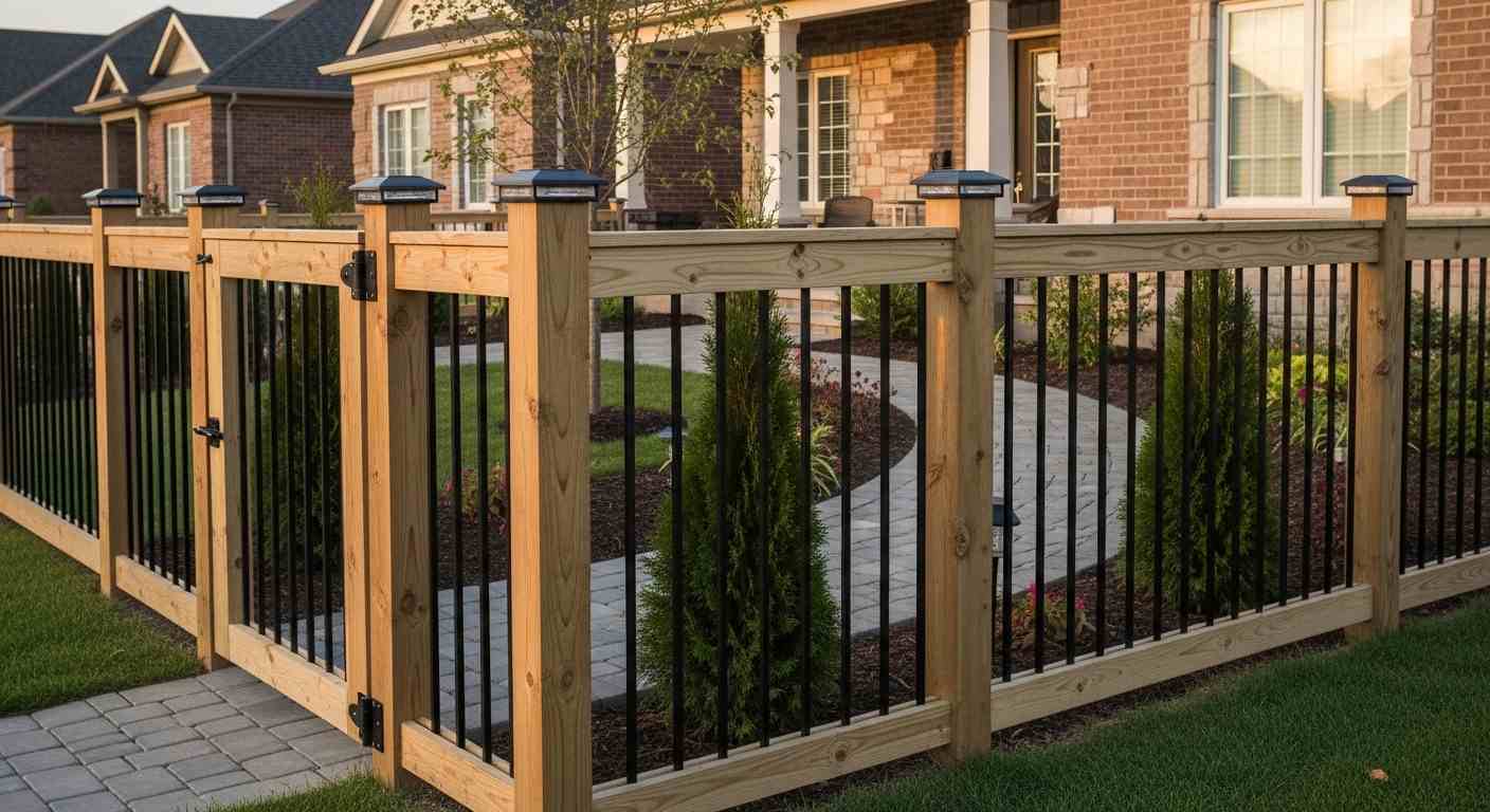 Cedar + black metal rail front yard fence