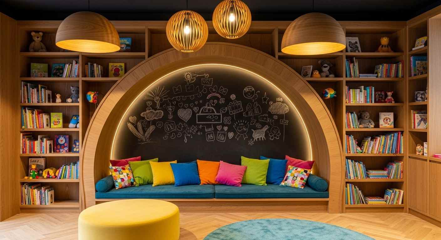 Colorful Kids Library Design with Nature & Bright Shelving