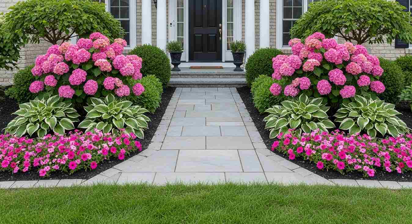 Symmetrical Foundation Bed with Hydrangeas