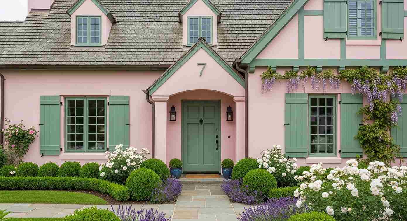 Pastel Pink Cottage Exterior
