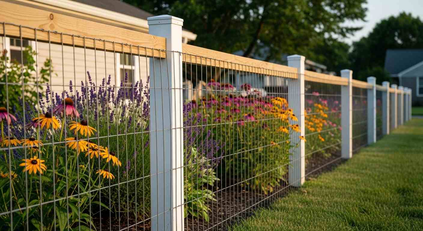 Low wire fence bordering flower beds