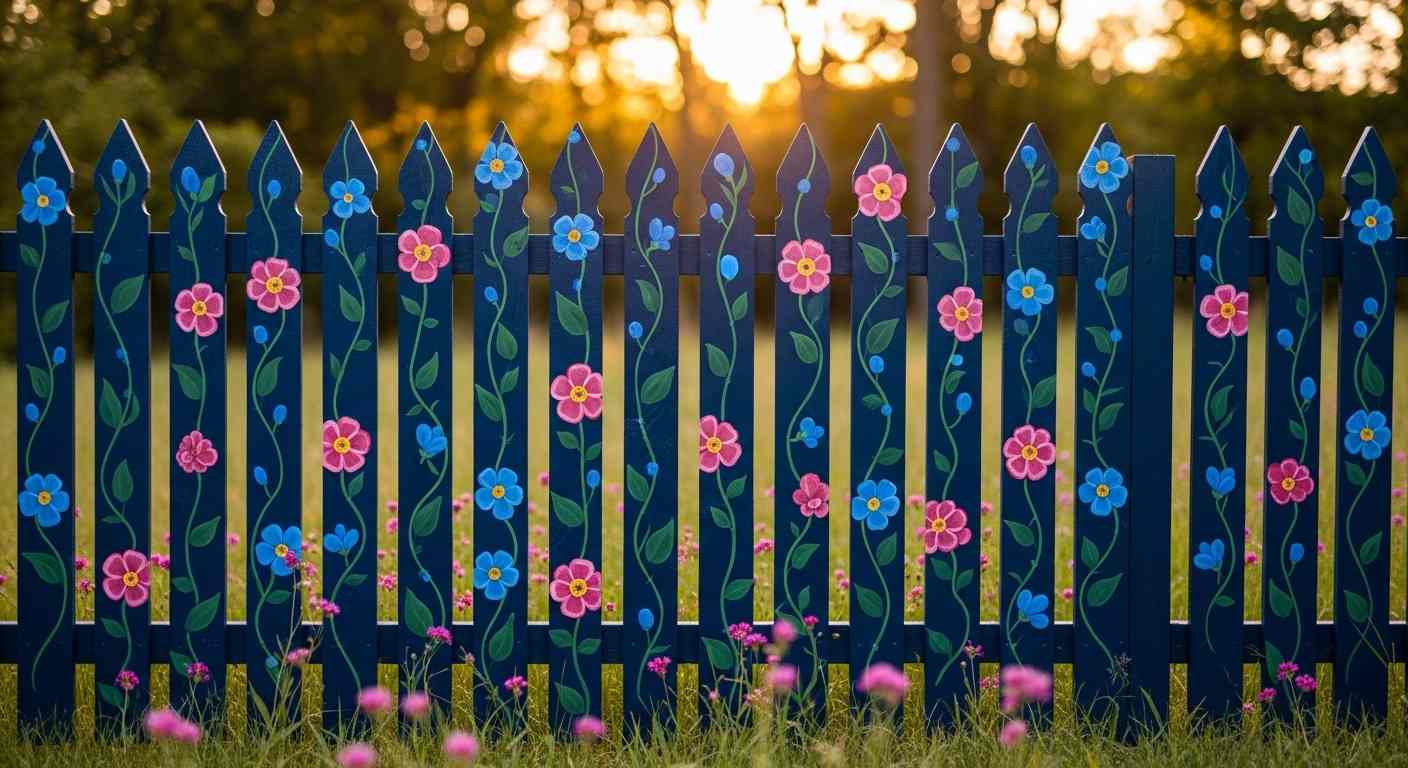 Navy Blue Botanical Pattern Picket Fence
