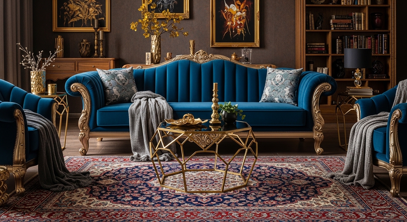 Blue Channel-Tufted Sofa With Ornate Gold Detail