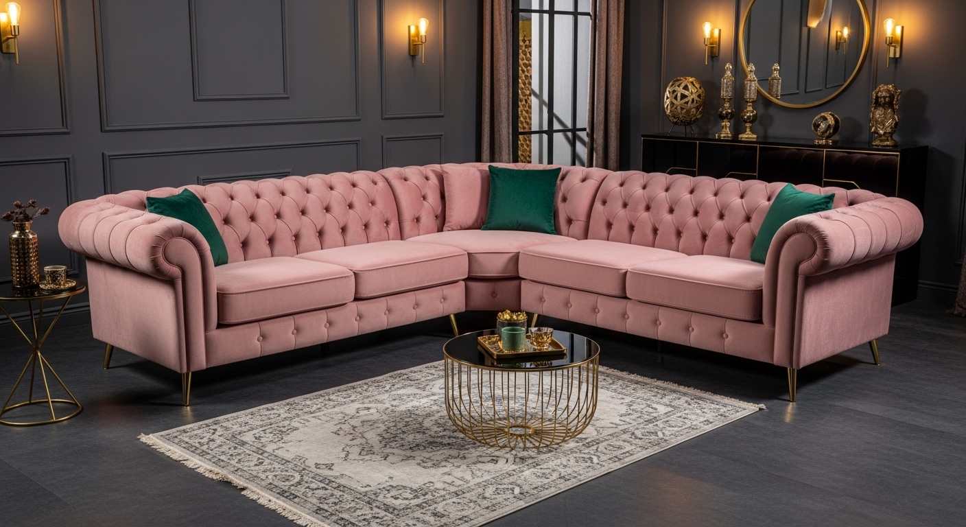 Blush Pink Button-Tufted Sectional
