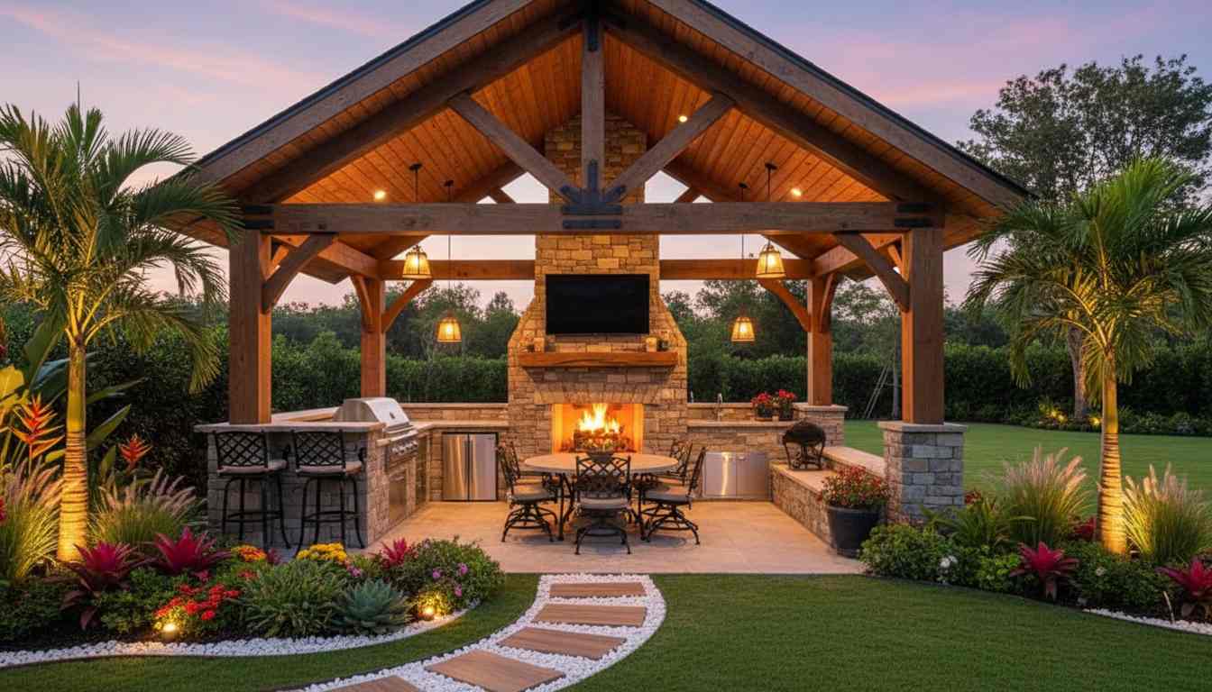 Gabled Gazebo + Stone Fireplace + Outdoor Kitchen