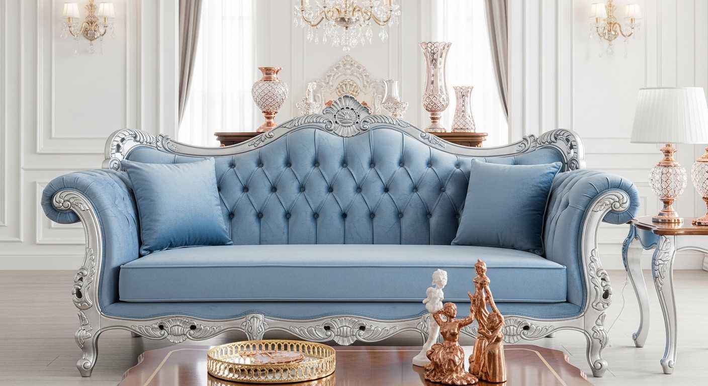 Light Blue Ornate Sofa with Silver Details
