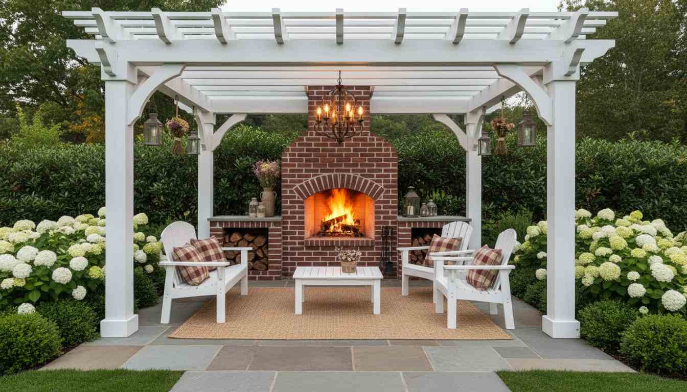  Farmhouse White Pergola with Brick Fireplace