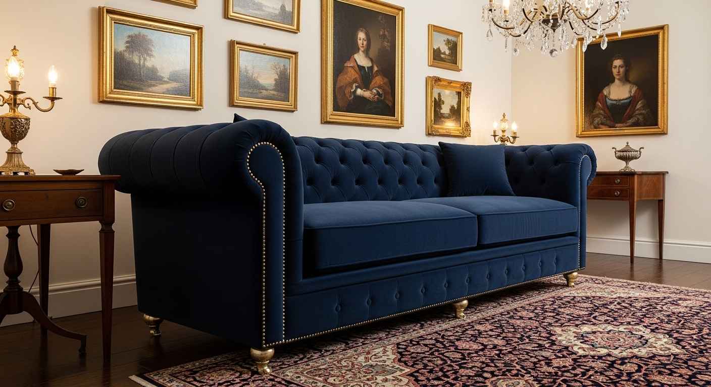  Navy Tufted Chesterfield With Gold Accents
