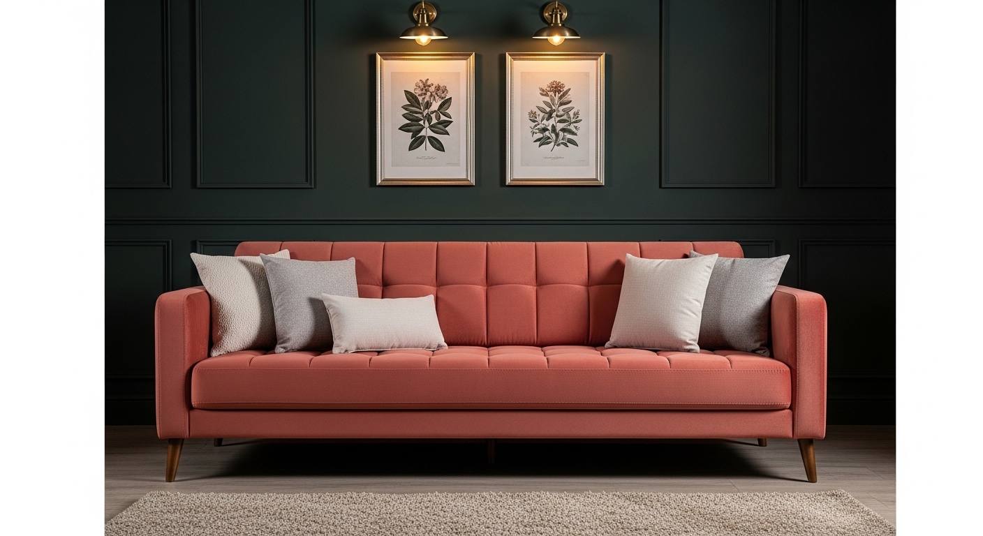 Pink Velvet Sofa Against Dark Paneling
