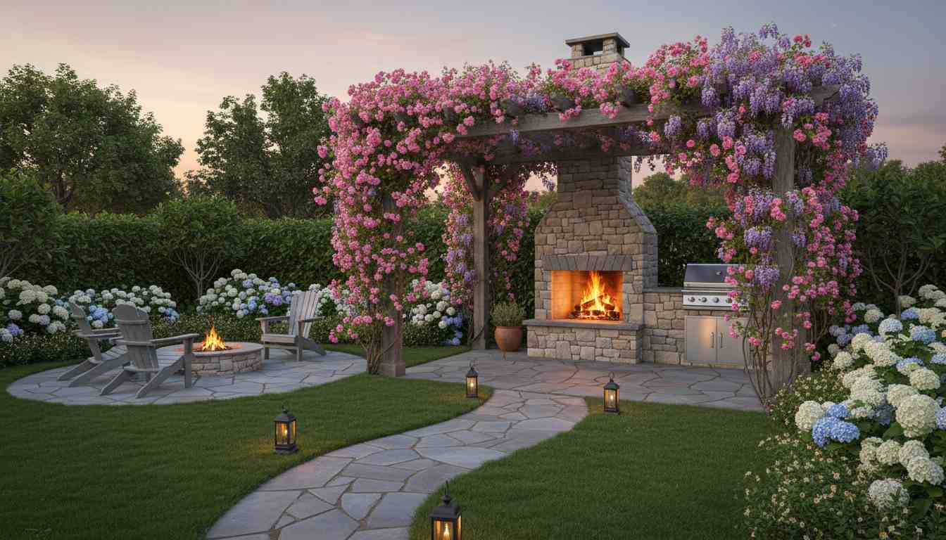 Rustic Pergola with Stone Fire Pit + Dining