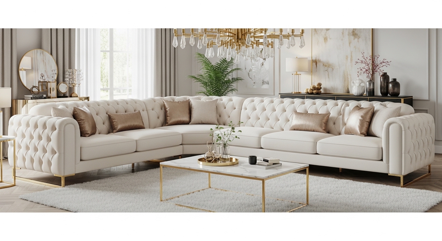 Tufted Glam Sectional Ivory with Golden Accents