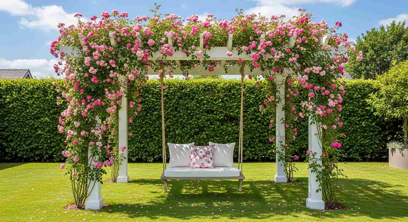 Pink Rose Pergola Swing Appeal
