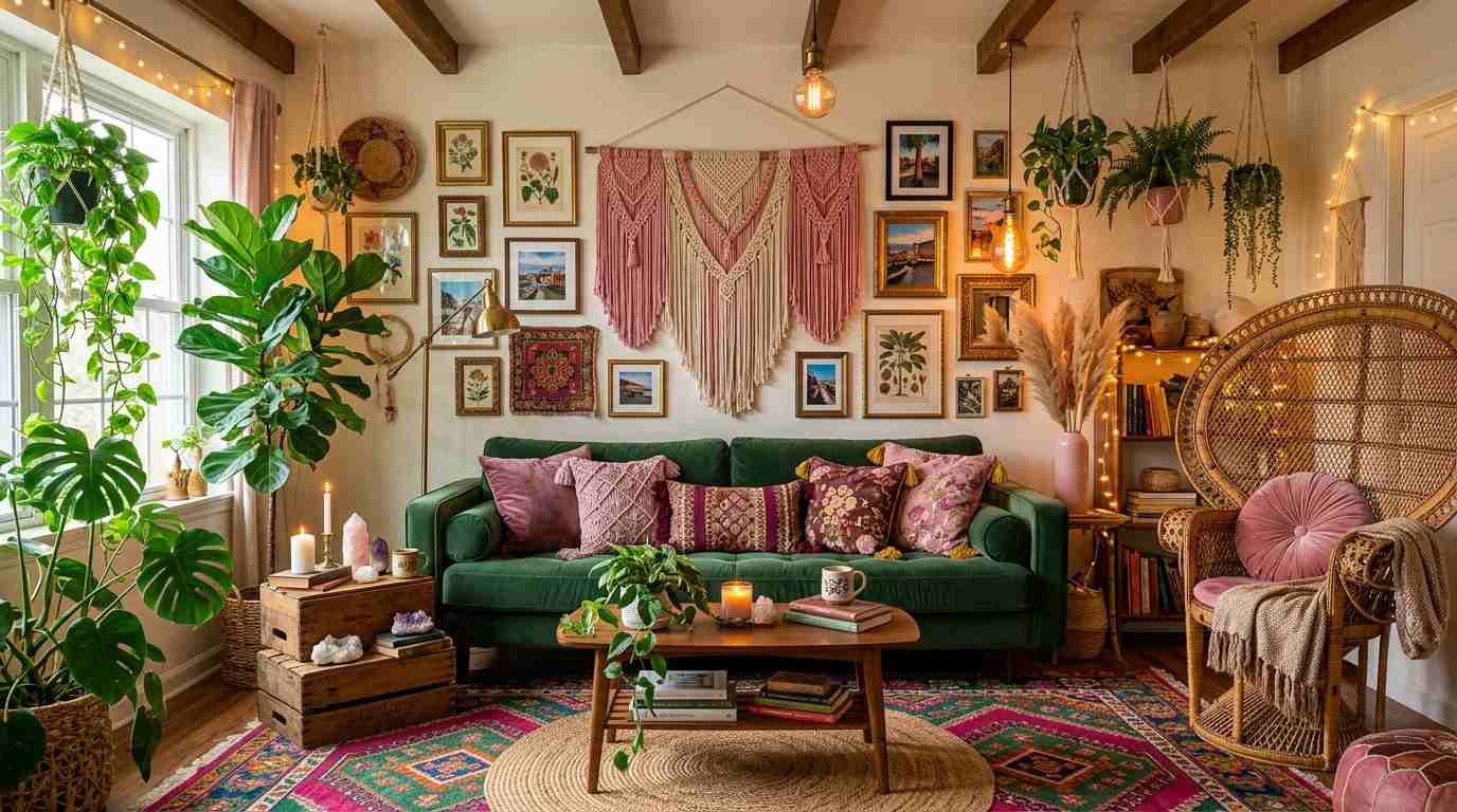 Boho Maximalist Green & Pink Living Room
