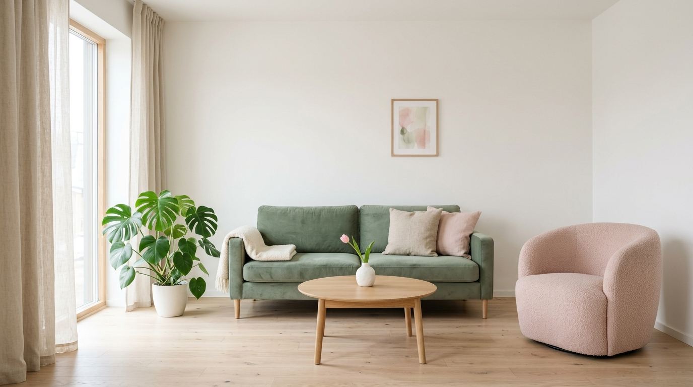 Scandinavian Minimalist Pink & Green Living Room
