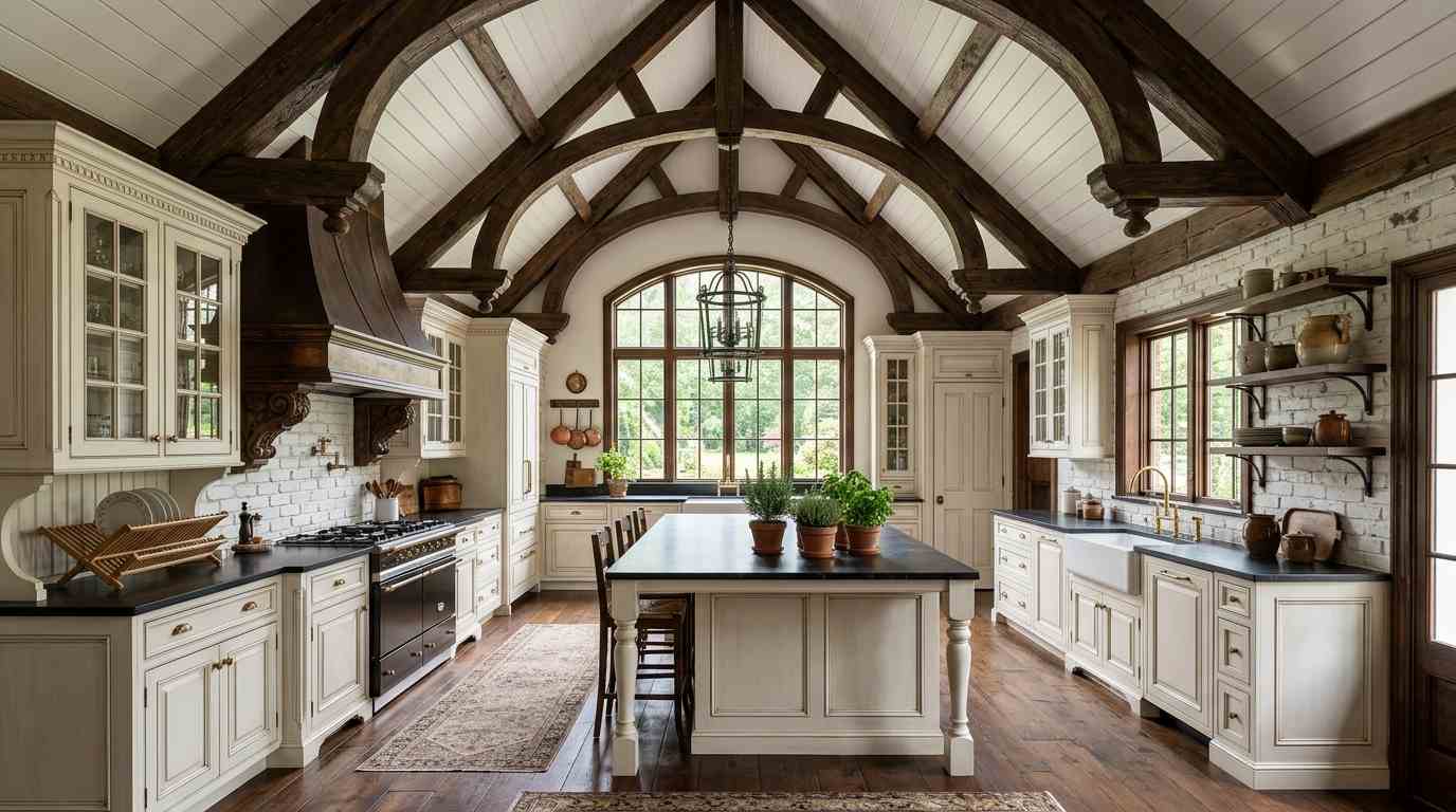 Victorian Kitchen with Exposed Ceiling Beams
