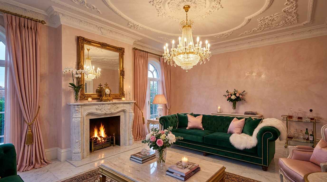Green Velvet Sofa with Pink & Gold Living Room
