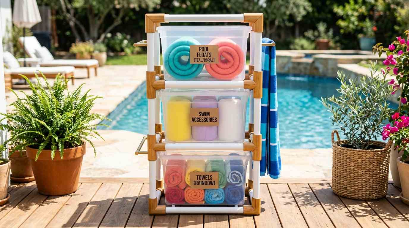  DIY Pool Float Storage Bin Tower