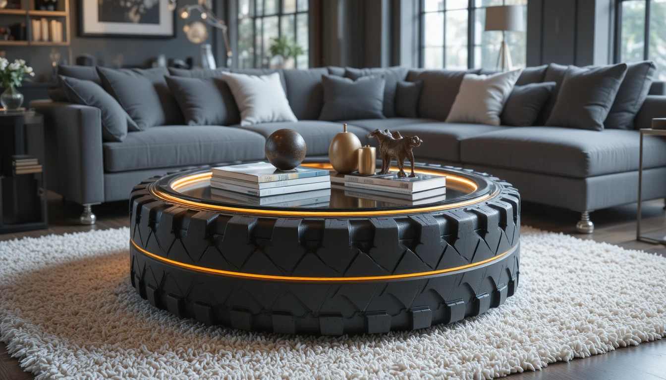 Tire Coffee Table with Glass Top
