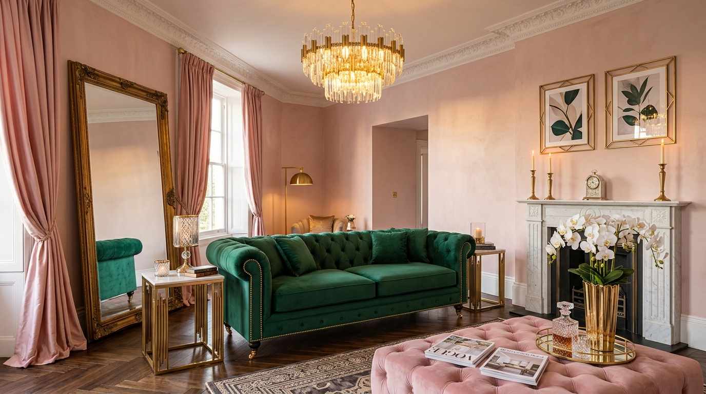  Blush Pink Walls with Emerald Green 