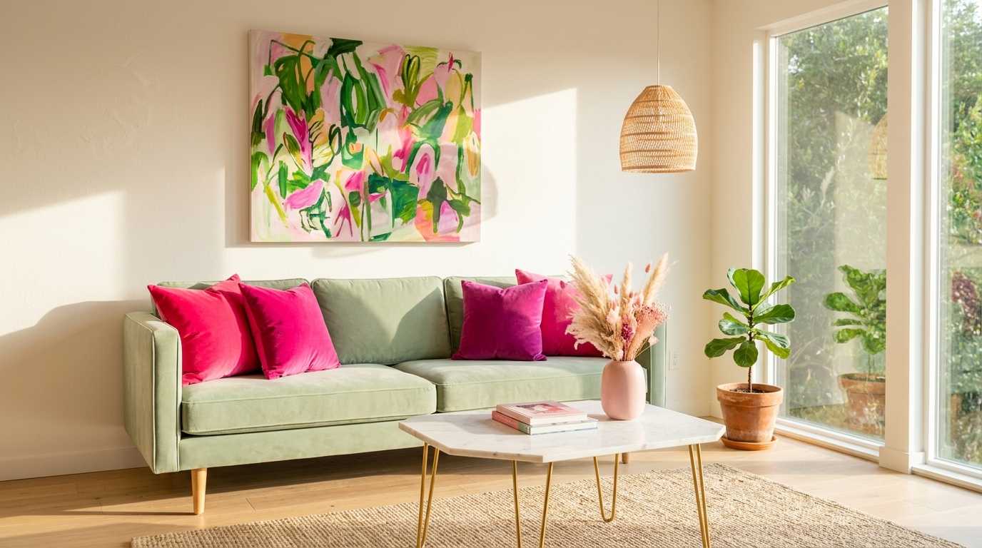 Sage Green Sofa with Hot Pink