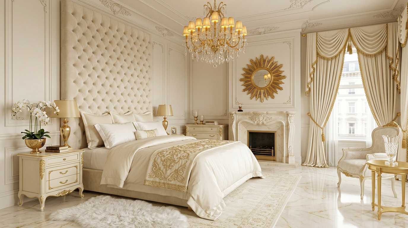 Victorian bedroom in gold and cream