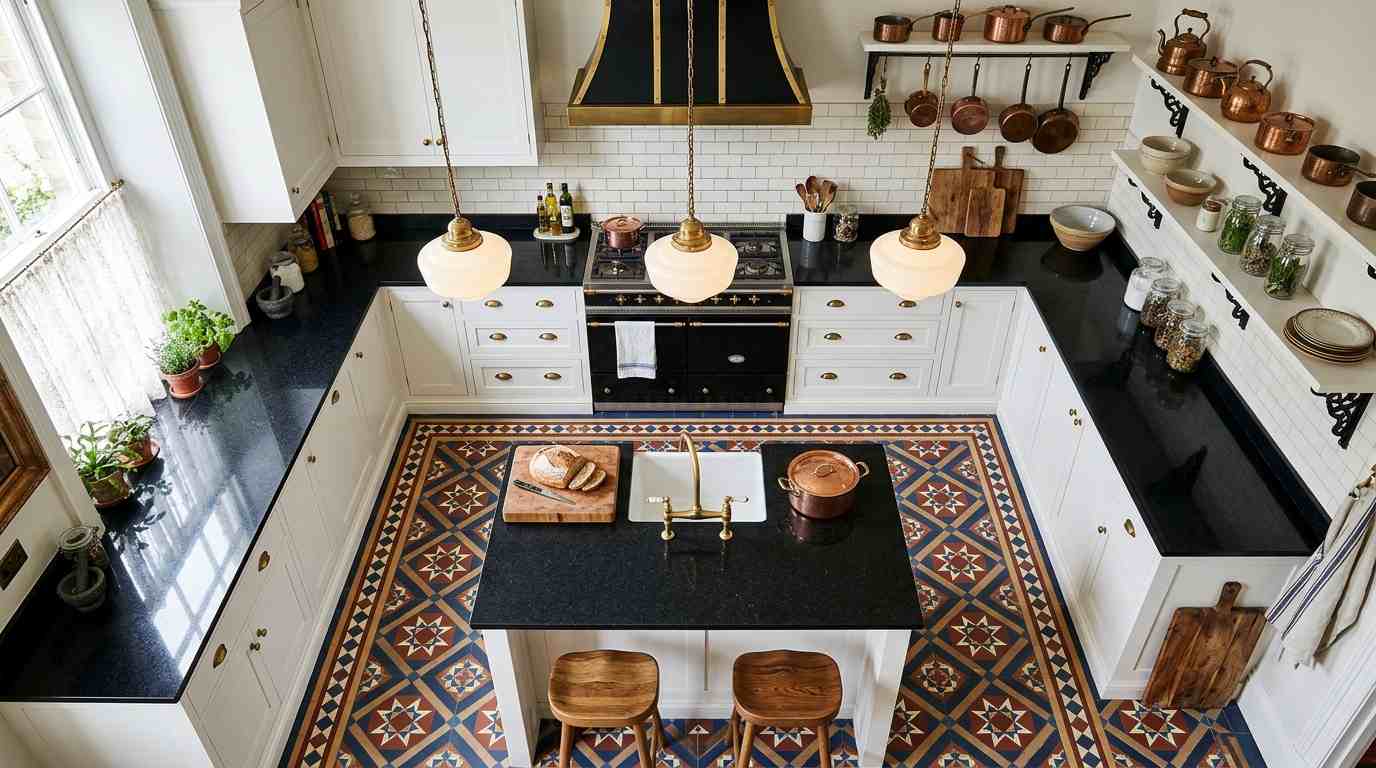 Victorian Kitchen with Patterned Tile Floor
