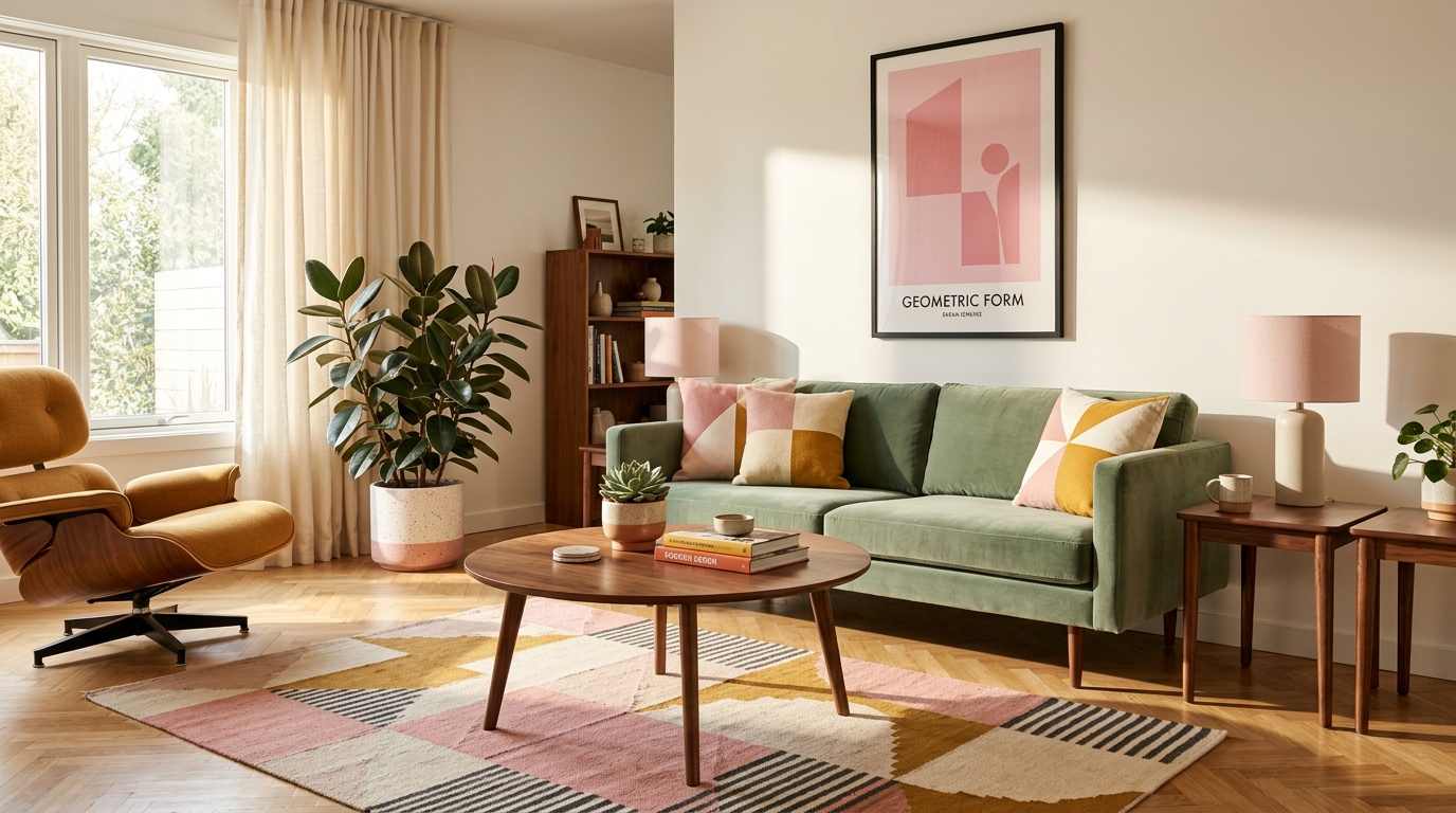  Mid-Century Modern Green Sofa with Pink 