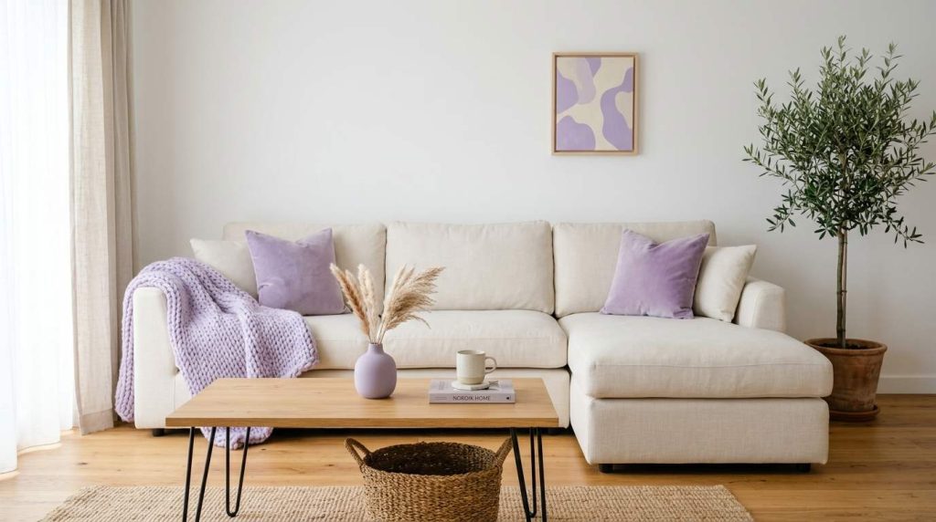 2. Lavender Accents on Cream — The Minimalist Approach