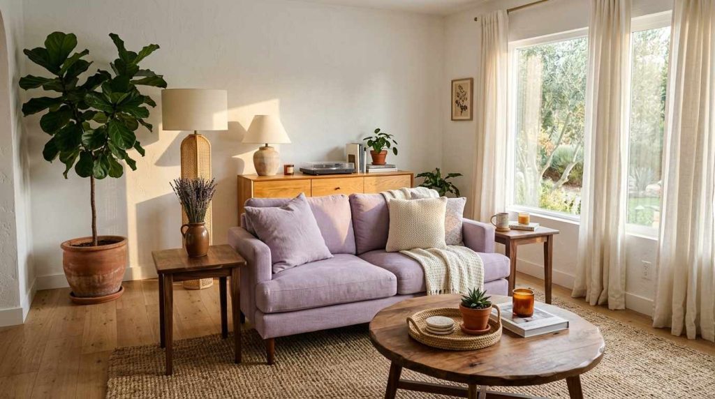 7. Lavender Living Room with Warm Brown Wood Tones