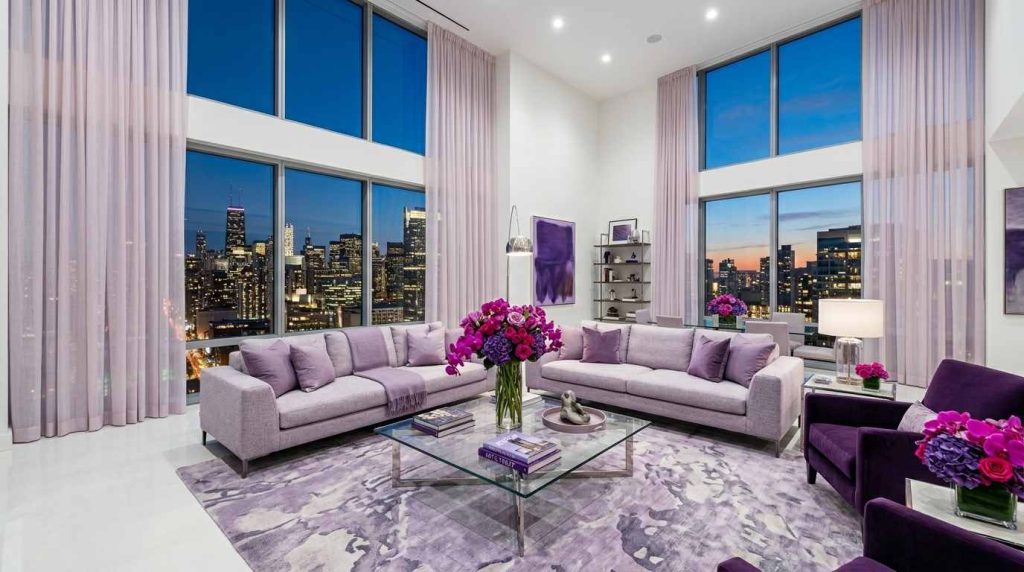 5. Modern Lavender with Floor-to-Ceiling Curtains