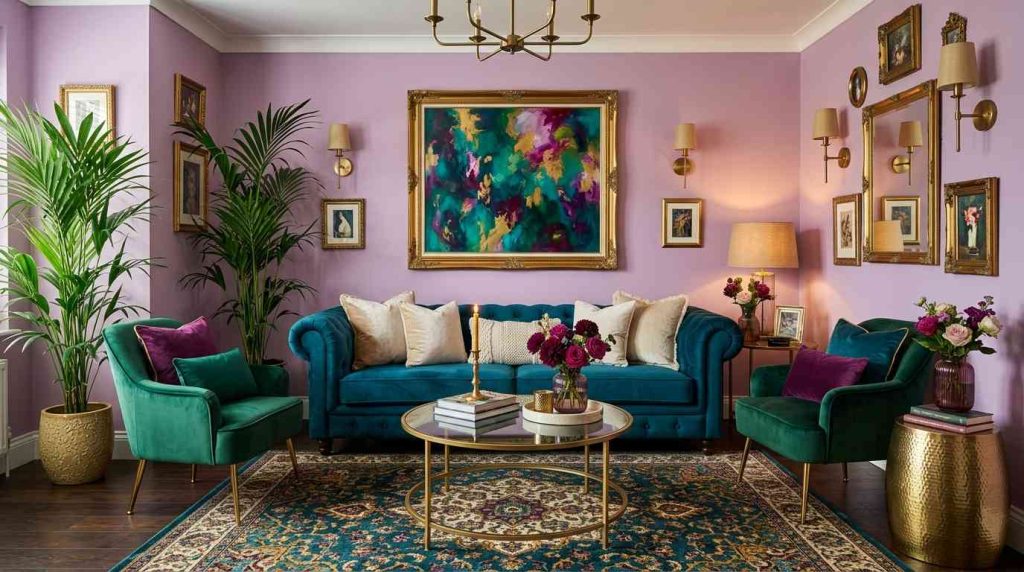 10. Lilac Walls with Teal and Gold Accents