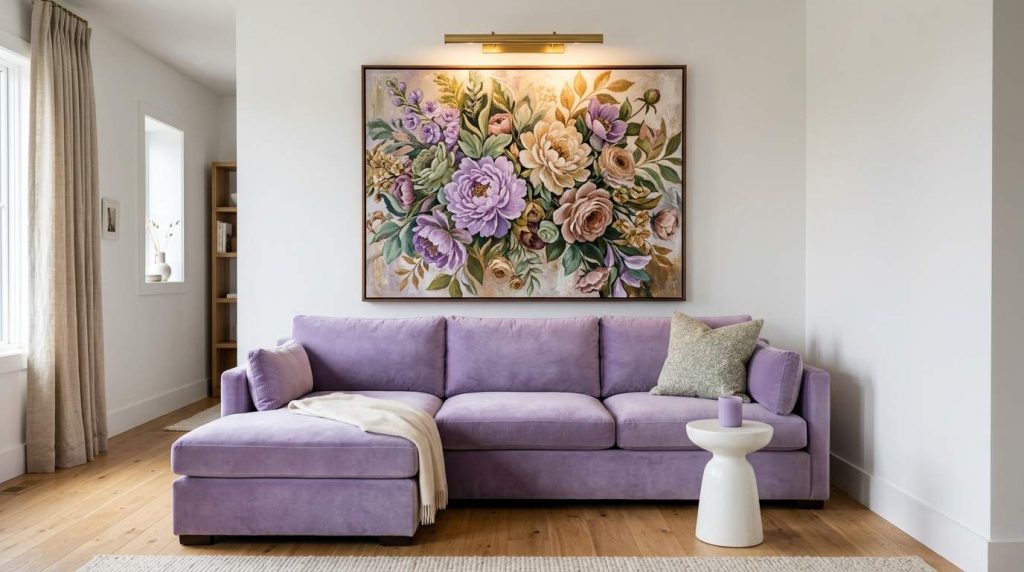 9. Lavender Sofa Living Room with Statement Art