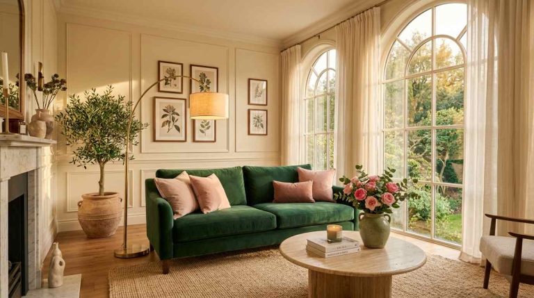 Green Velvet Sofa & Pink Accent