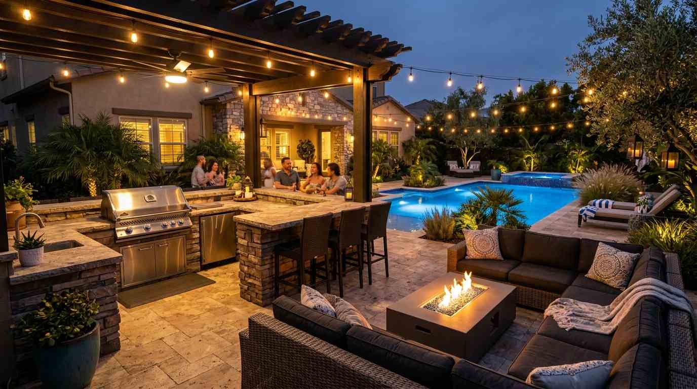 Pool with Outdoor Kitchen and Living Area