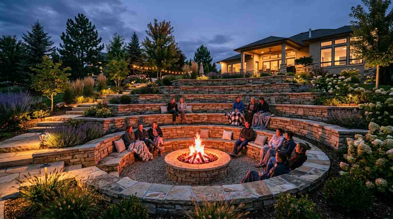 Fire Pit with multiple seating levels on a tiered fire pit