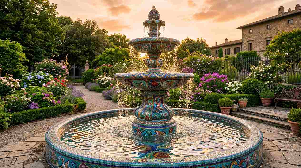 Elaborate Mosaic Garden Fountain Feature