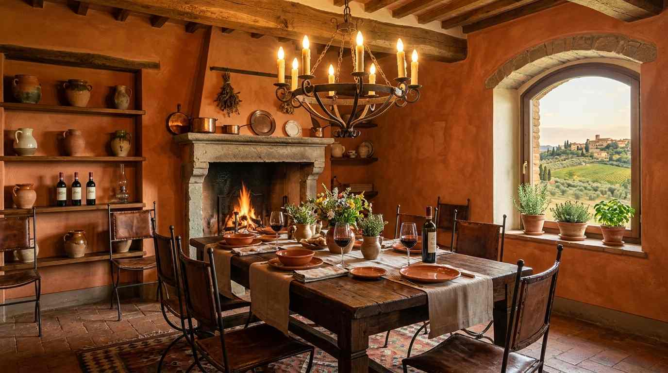 Traditional Tuscan Dining Room with stone Accents