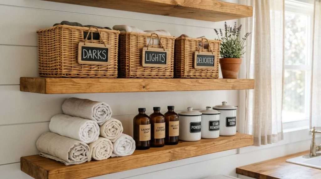 Open Wood Shelving With Labeled Baskets