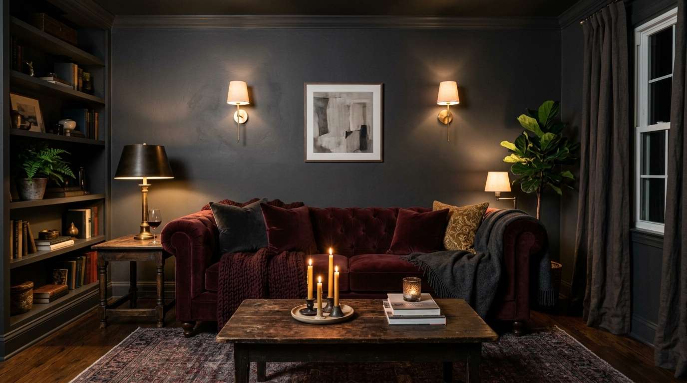 Moody Burgundy living room with Dark Walls