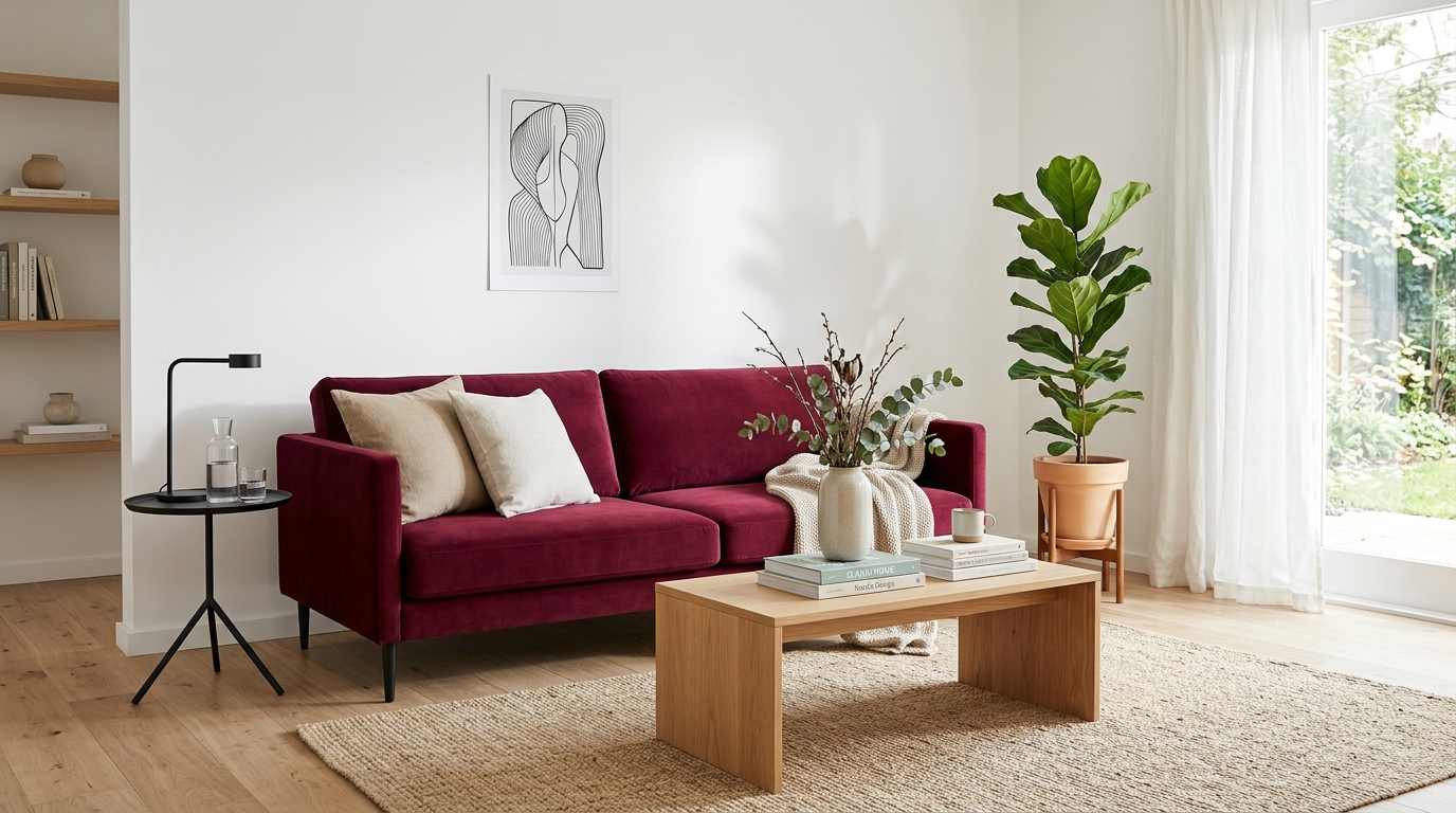 Burgundy Sofa with Neutral Living Room