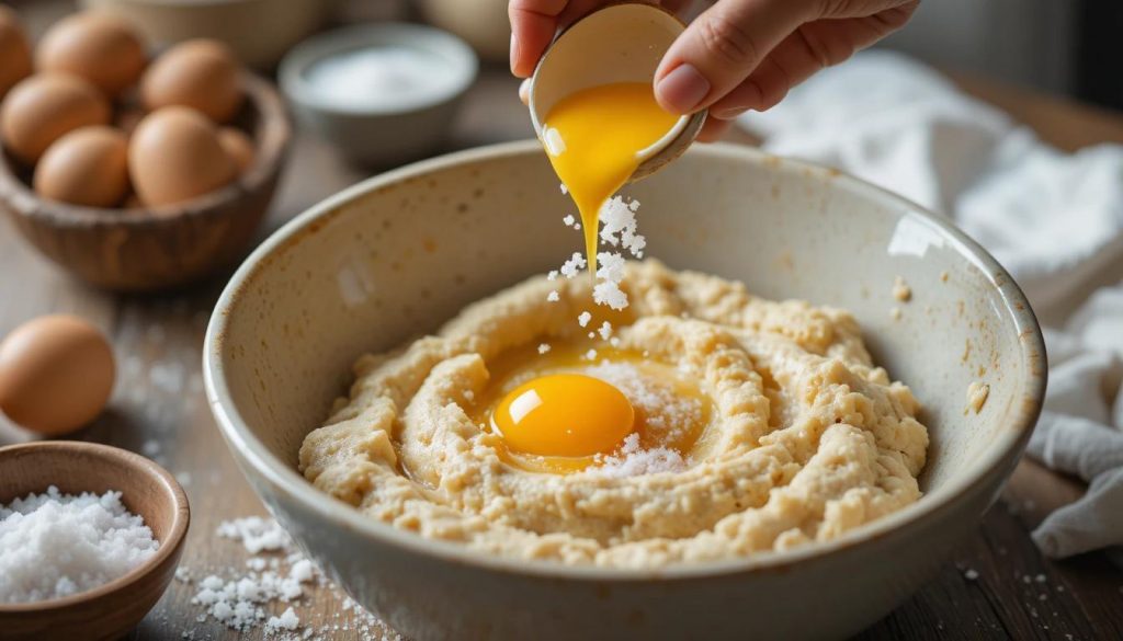 Add salt and eggs (2 minutes).